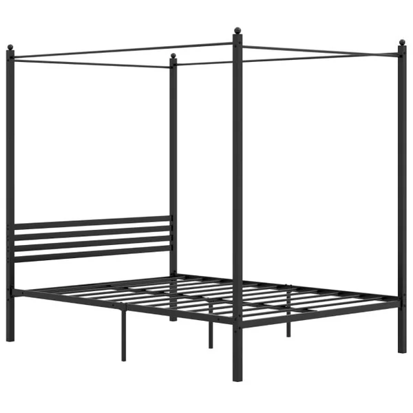 Cadre de Lit Double à Baldaquin 200 x 140 cm Lit Plateforme en Métal à 4 Baldaquins Tête de Lit Rangement sous le Lit Sommier à Lattes Noir