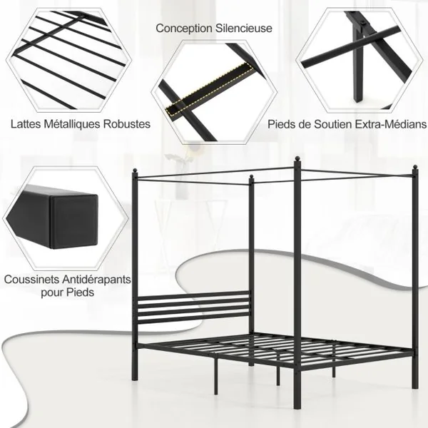 Cadre de Lit Double à Baldaquin 200 x 140 cm Lit Plateforme en Métal à 4 Baldaquins Tête de Lit Rangement sous le Lit Sommier à Lattes Noir