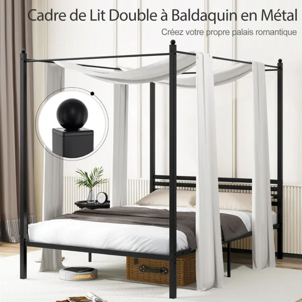 Cadre de Lit Double à Baldaquin 200 x 140 cm Lit Plateforme en Métal à 4 Baldaquins Tête de Lit Rangement sous le Lit Sommier à Lattes Noir