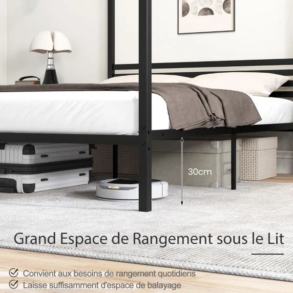 Cadre de Lit Double à Baldaquin 200 x 140 cm Lit Plateforme en Métal à 4 Baldaquins Tête de Lit Rangement sous le Lit Sommier à Lattes Noir