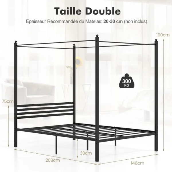 Cadre de Lit Double à Baldaquin 200 x 140 cm Lit Plateforme en Métal à 4 Baldaquins Tête de Lit Rangement sous le Lit Sommier à Lattes Noir