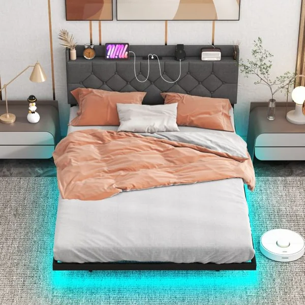 Cadre de Lit Flottant avec Lumières LED Lit Plateforme Moderne avec Tête de Lit Rembourrée Réglable 200*140/160*100cm Gris