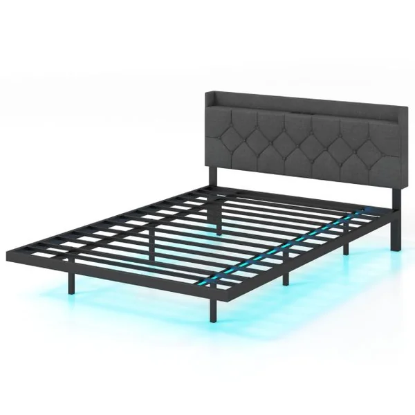 Cadre de Lit Flottant avec Lumières LED Lit Plateforme Moderne avec Tête de Lit Rembourrée Réglable 200*140/160*100cm Gris