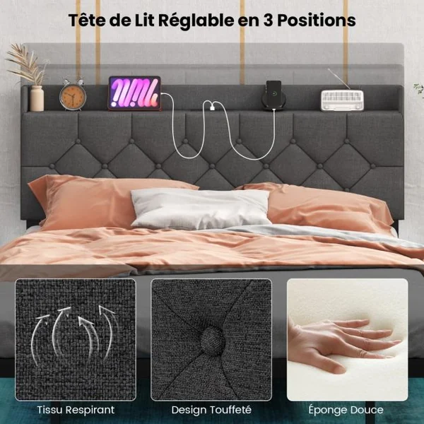 Cadre de Lit Flottant avec Lumières LED Lit Plateforme Moderne avec Tête de Lit Rembourrée Réglable 200*140/160*100cm Gris