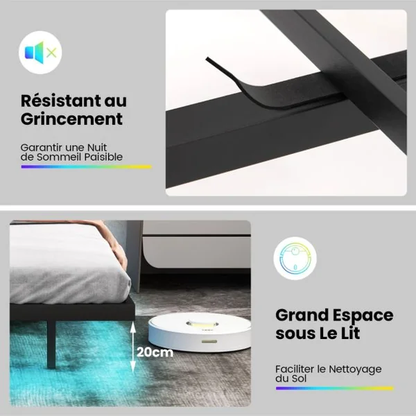 Cadre de Lit Flottant avec Lumières LED Lit Plateforme Moderne avec Tête de Lit Rembourrée Réglable 200*140/160*100cm Gris