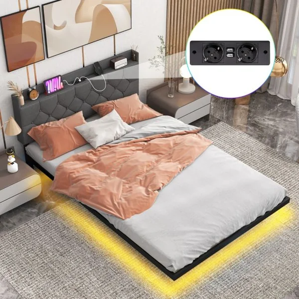 Cadre de Lit Flottant avec Lumières LED Lit Plateforme Moderne avec Tête de Lit Rembourrée Réglable 200*140/160*100cm Gris
