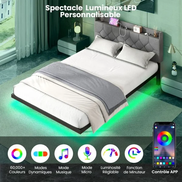 Cadre de Lit Flottant avec Lumières LED Lit Plateforme Moderne avec Tête de Lit Rembourrée Réglable 200*140/160*100cm Gris