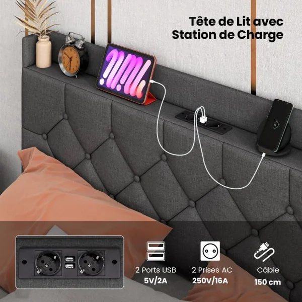 Cadre de Lit Flottant avec Lumières LED Lit Plateforme Moderne avec Tête de Lit Rembourrée Réglable 200*140/160*100cm Gris