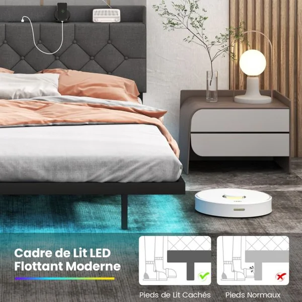 Cadre de Lit Flottant avec Lumières LED Lit Plateforme Moderne avec Tête de Lit Rembourrée Réglable 200*140/160*100cm Gris
