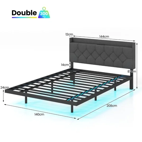 Cadre de Lit Flottant avec Lumières LED Lit Plateforme Moderne avec Tête de Lit Rembourrée Réglable 200*140/160*100cm Gris