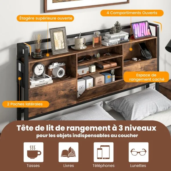 Cadre de Lit Queen/Double Size avec Tête de Lit Rangement Station de Chargement Lit Plateforme à Lattes en Métal Tête de Lit Marron