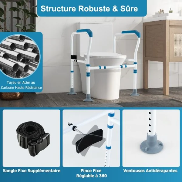 Cadres de Sécurité pour Toilettes pour Personnes gées Rehausseur Toilette Adulte avec Hauteur 65,5-78 cm Largeur 62-68 cm Sangle Bleu