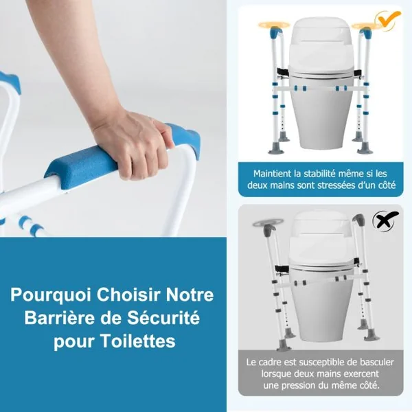 Cadres de Sécurité pour Toilettes pour Personnes gées Rehausseur Toilette Adulte avec Hauteur 65,5-78 cm Largeur 62-68 cm Sangle Bleu