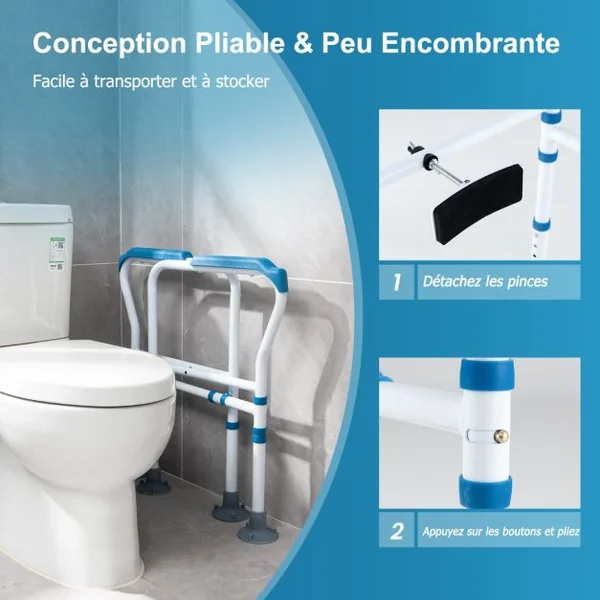 Cadres de Sécurité pour Toilettes pour Personnes gées Rehausseur Toilette Adulte avec Hauteur 65,5-78 cm Largeur 62-68 cm Sangle Bleu