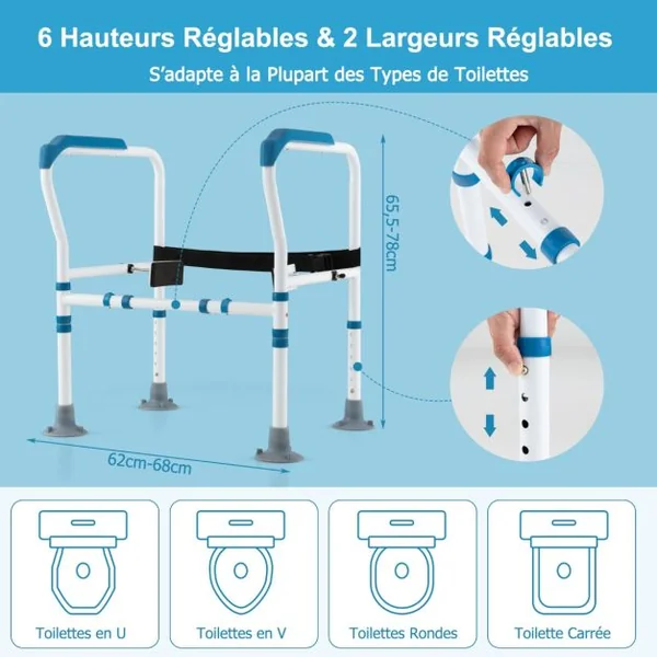 Cadres de Sécurité pour Toilettes pour Personnes gées Rehausseur Toilette Adulte avec Hauteur 65,5-78 cm Largeur 62-68 cm Sangle Bleu