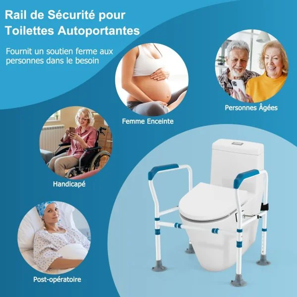 Cadres de Sécurité pour Toilettes pour Personnes gées Rehausseur Toilette Adulte avec Hauteur 65,5-78 cm Largeur 62-68 cm Sangle Bleu