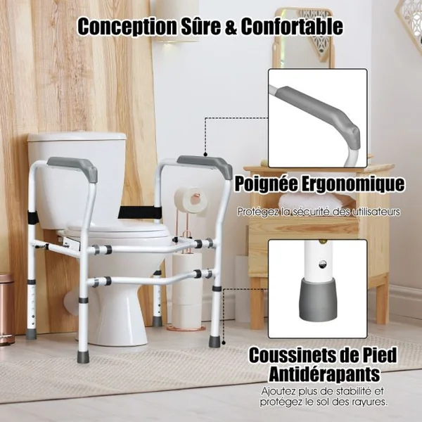 Cadres de Sécurité pour Toilettes pour Personnes gées Rehausseur Toilette Adulte Hauteur 63,5 - 76 cm Largeur 57 - 62 cm Clip Rrotatif à 360°
