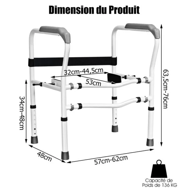 Cadres de Sécurité pour Toilettes pour Personnes gées Rehausseur Toilette Adulte Hauteur 63,5 - 76 cm Largeur 57 - 62 cm Clip Rrotatif à 360°