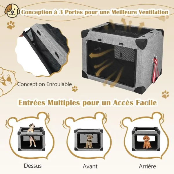 Cage de Transport L pour Animaux Pliable en Tissu Oxford avec Coussin Amovible 65x45x45 CM Sac de Transport Pour Chien Chat
