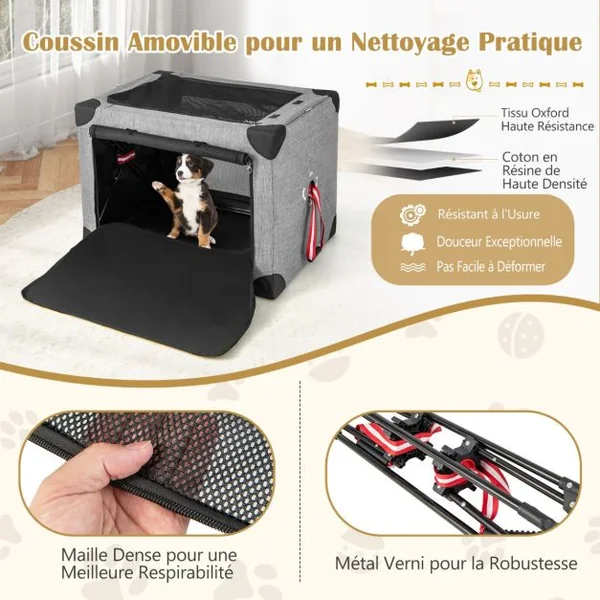 Cage de Transport L pour Animaux Pliable en Tissu Oxford avec Coussin Amovible 65x45x45 CM Sac de Transport Pour Chien Chat