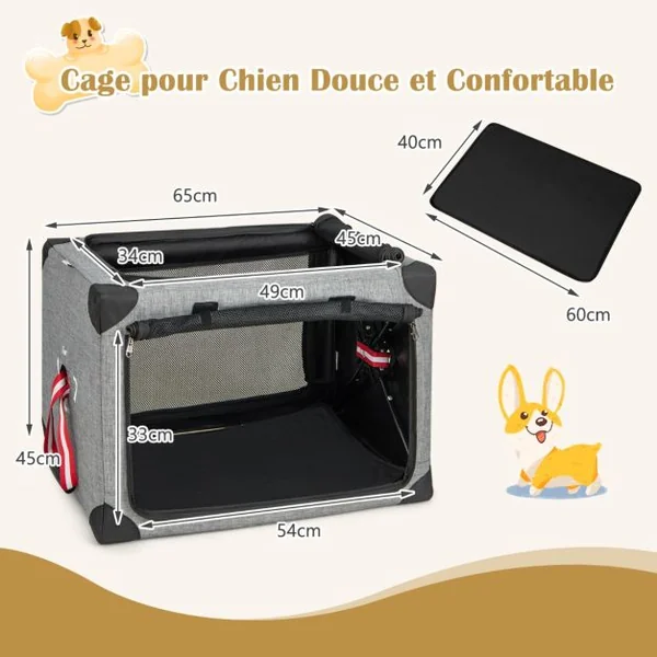 Cage de Transport L pour Animaux Pliable en Tissu Oxford avec Coussin Amovible 65x45x45 CM Sac de Transport Pour Chien Chat