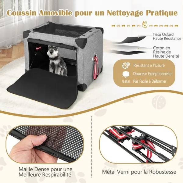 Cage de Transport L pour Animaux Pliable en Tissu Oxford avec Coussin Amovible 80x59x59 CM Sac de Transport Pour Chien Chat