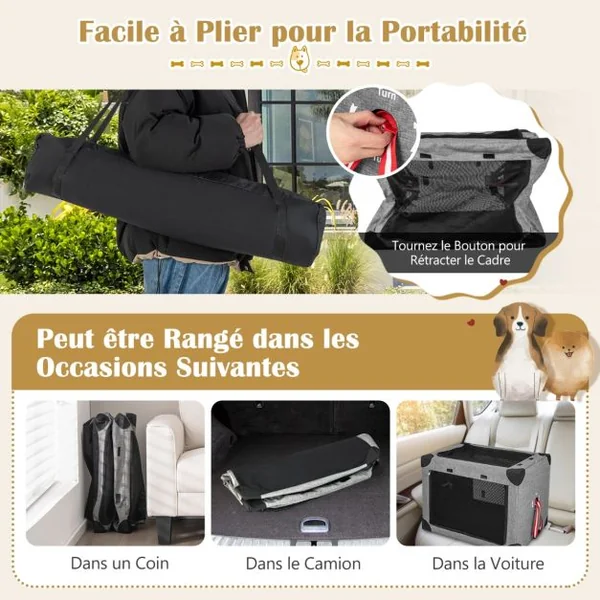 Cage de Transport L pour Animaux Pliable en Tissu Oxford avec Coussin Amovible 80x59x59 CM Sac de Transport Pour Chien Chat