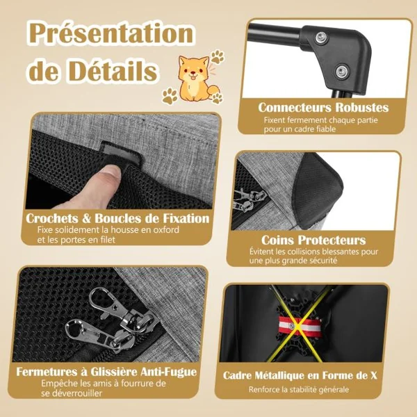 Cage de Transport L pour Animaux Pliable en Tissu Oxford avec Coussin Amovible 93x66x66 CM Sac de Transport Pour Chien Chat