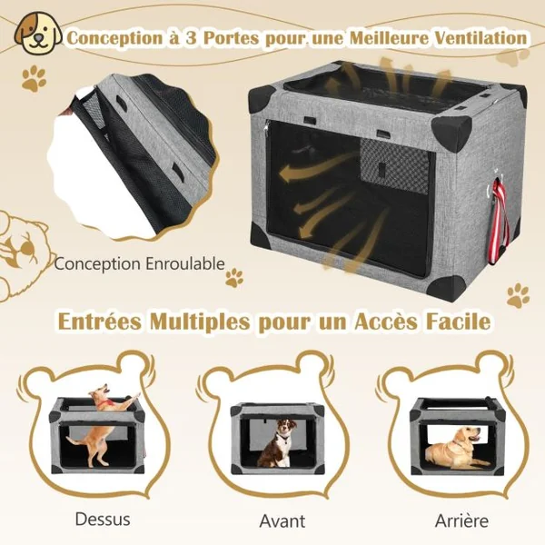 Cage de Transport L pour Animaux Pliable en Tissu Oxford avec Coussin Amovible 93x66x66 CM Sac de Transport Pour Chien Chat