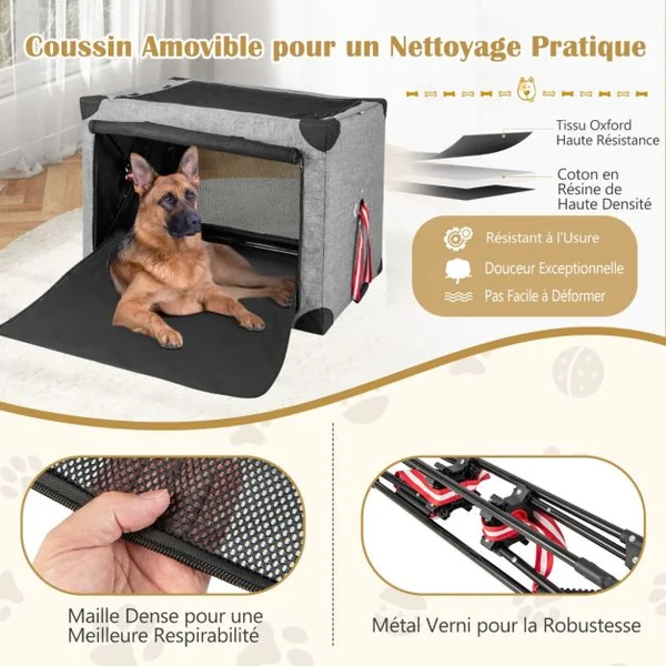 Cage de Transport L pour Animaux Pliable en Tissu Oxford avec Coussin Amovible 93x66x66 CM Sac de Transport Pour Chien Chat