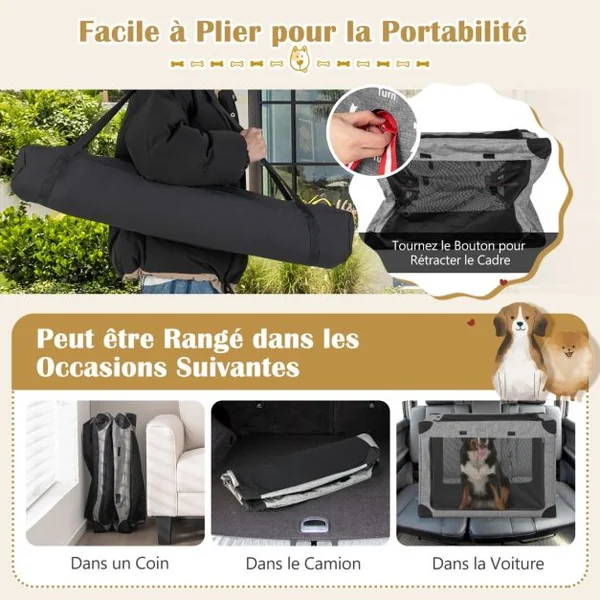 Cage de Transport L pour Animaux Pliable en Tissu Oxford avec Coussin Amovible 93x66x66 CM Sac de Transport Pour Chien Chat
