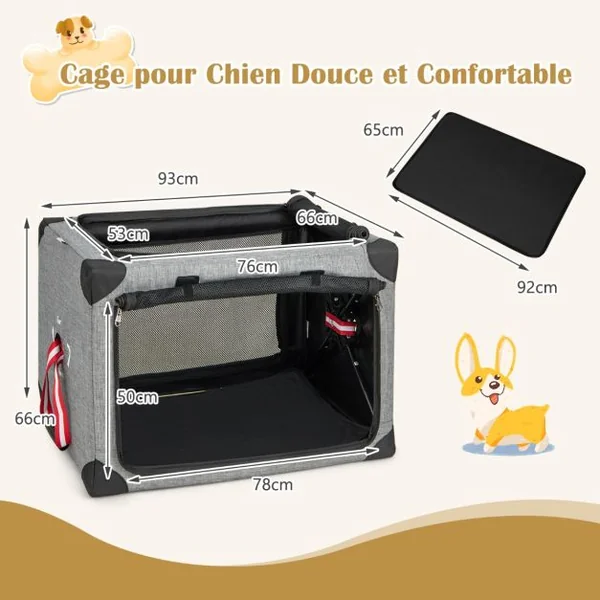 Cage de Transport L pour Animaux Pliable en Tissu Oxford avec Coussin Amovible 93x66x66 CM Sac de Transport Pour Chien Chat