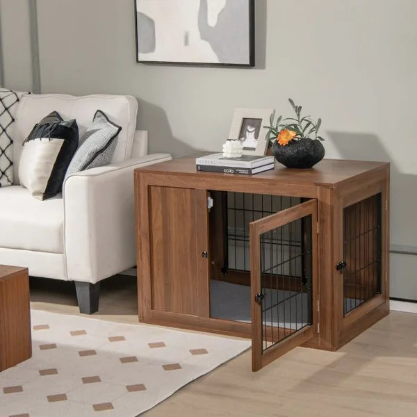 Cage pour Chien Animaux avec 2 Portes Verrouillables Coussin en Lin Style Industriel Meuble Caisse pour Chien 92x59x66,5 CM Noyer