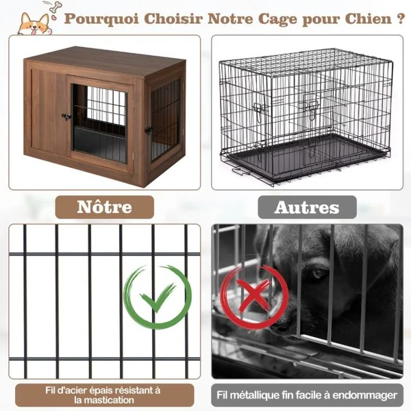 Cage pour Chien Animaux avec 2 Portes Verrouillables Coussin en Lin Style Industriel Meuble Caisse pour Chien 92x59x66,5 CM Noyer
