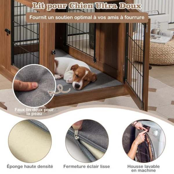 Cage pour Chien Animaux avec 2 Portes Verrouillables Coussin en Lin Style Industriel Meuble Caisse pour Chien 92x59x66,5 CM Noyer