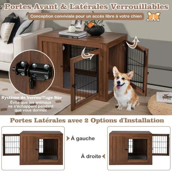 Cage pour Chien Animaux avec 2 Portes Verrouillables Coussin en Lin Style Industriel Meuble Caisse pour Chien 92x59x66,5 CM Noyer
