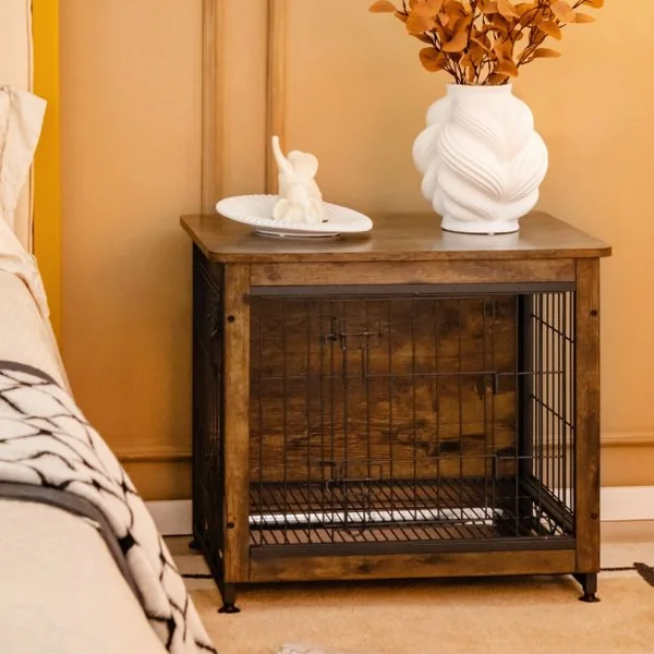 Cage pour Chien Cage Chien en Bois avec Portes Doubles Plateau Amovible Fil Métallique pour Chambre Salon Marron