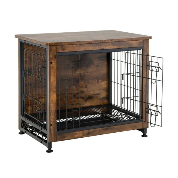 Cage pour Chien Cage Chien en Bois avec Portes Doubles Plateau Amovible Fil Métallique pour Chambre Salon Marron