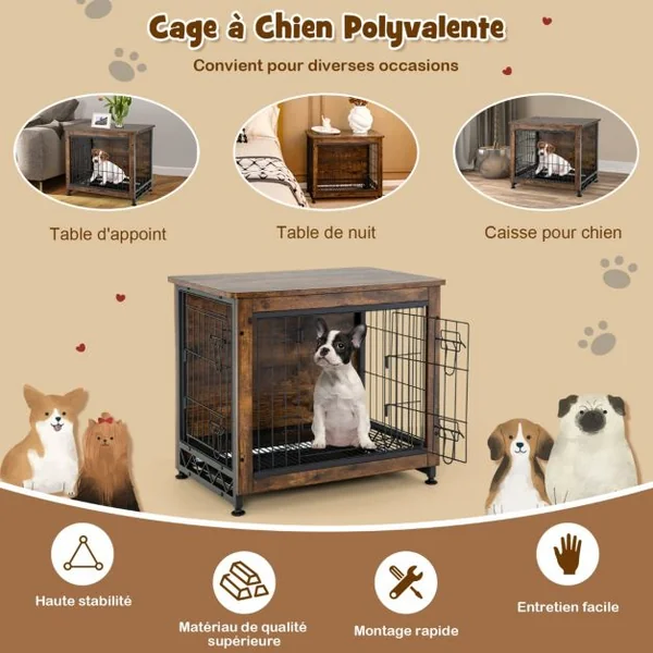 Cage pour Chien Cage Chien en Bois avec Portes Doubles Plateau Amovible Fil Métallique pour Chambre Salon Marron
