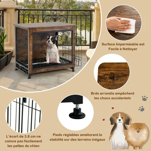 Cage pour Chien Cage Chien en Bois avec Portes Doubles Plateau Amovible Fil Métallique pour Chambre Salon Marron