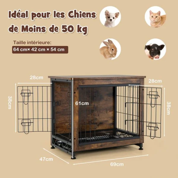 Cage pour Chien Cage Chien en Bois avec Portes Doubles Plateau Amovible Fil Métallique pour Chambre Salon Marron