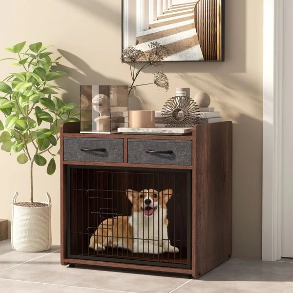 Cage pour Chien Cage d'Intérieur pour Chien avec 2 Tiroirs en Tissu Porte Verrouillable Niche pour Chien Table d'Appoint Marron Rustique
