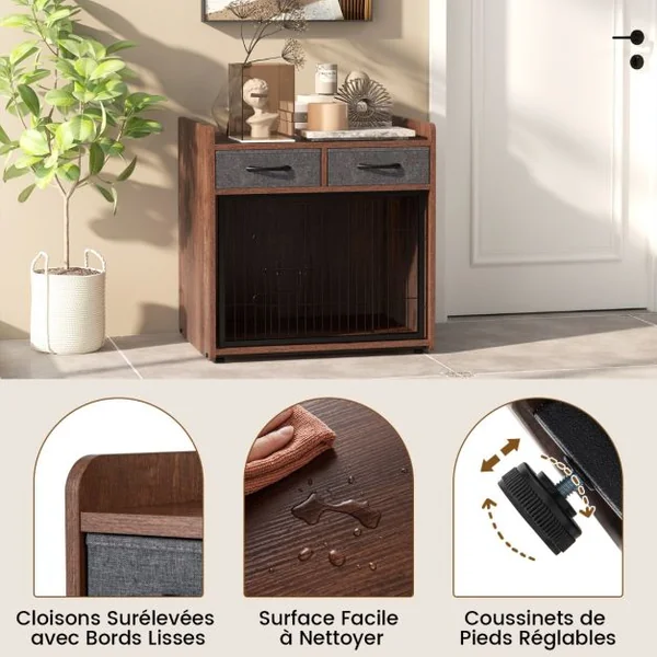 Cage pour Chien Cage d'Intérieur pour Chien avec 2 Tiroirs en Tissu Porte Verrouillable Niche pour Chien Table d'Appoint Marron Rustique
