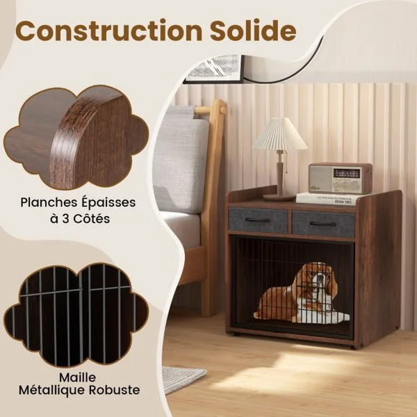 Cage pour Chien Cage d'Intérieur pour Chien avec 2 Tiroirs en Tissu Porte Verrouillable Niche pour Chien Table d'Appoint Marron Rustique