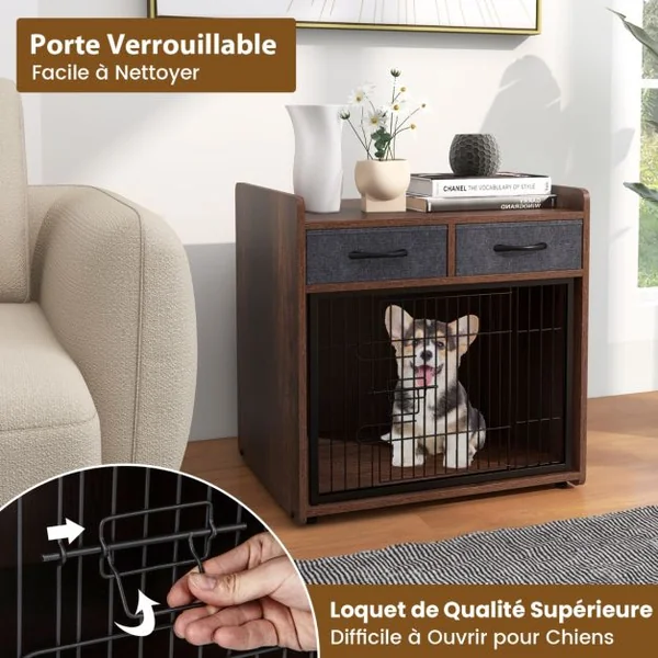 Cage pour Chien Cage d'Intérieur pour Chien avec 2 Tiroirs en Tissu Porte Verrouillable Niche pour Chien Table d'Appoint Marron Rustique
