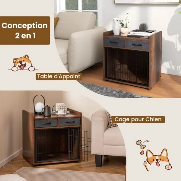 Cage pour Chien Cage d'Intérieur pour Chien avec 2 Tiroirs en Tissu Porte Verrouillable Niche pour Chien Table d'Appoint Marron Rustique