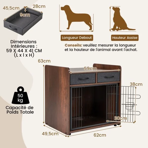 Cage pour Chien Cage d'Intérieur pour Chien avec 2 Tiroirs en Tissu Porte Verrouillable Niche pour Chien Table d'Appoint Marron Rustique