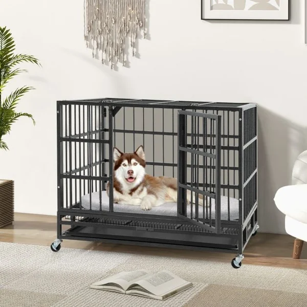 Cage pour Chien de Grande et Moyenne Taille de 96 cm en Métal Pliable Roulettes et 2 Portes Verrouillables Plateau Amovible Caisse Noir