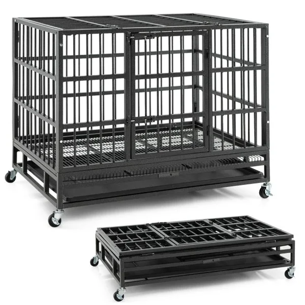 Cage pour Chien de Grande et Moyenne Taille de 96 cm en Métal Pliable Roulettes et 2 Portes Verrouillables Plateau Amovible Caisse Noir
