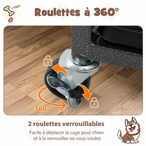 Cage pour Chien de Grande et Moyenne Taille de 96 cm en Métal Pliable Roulettes et 2 Portes Verrouillables Plateau Amovible Caisse Noir